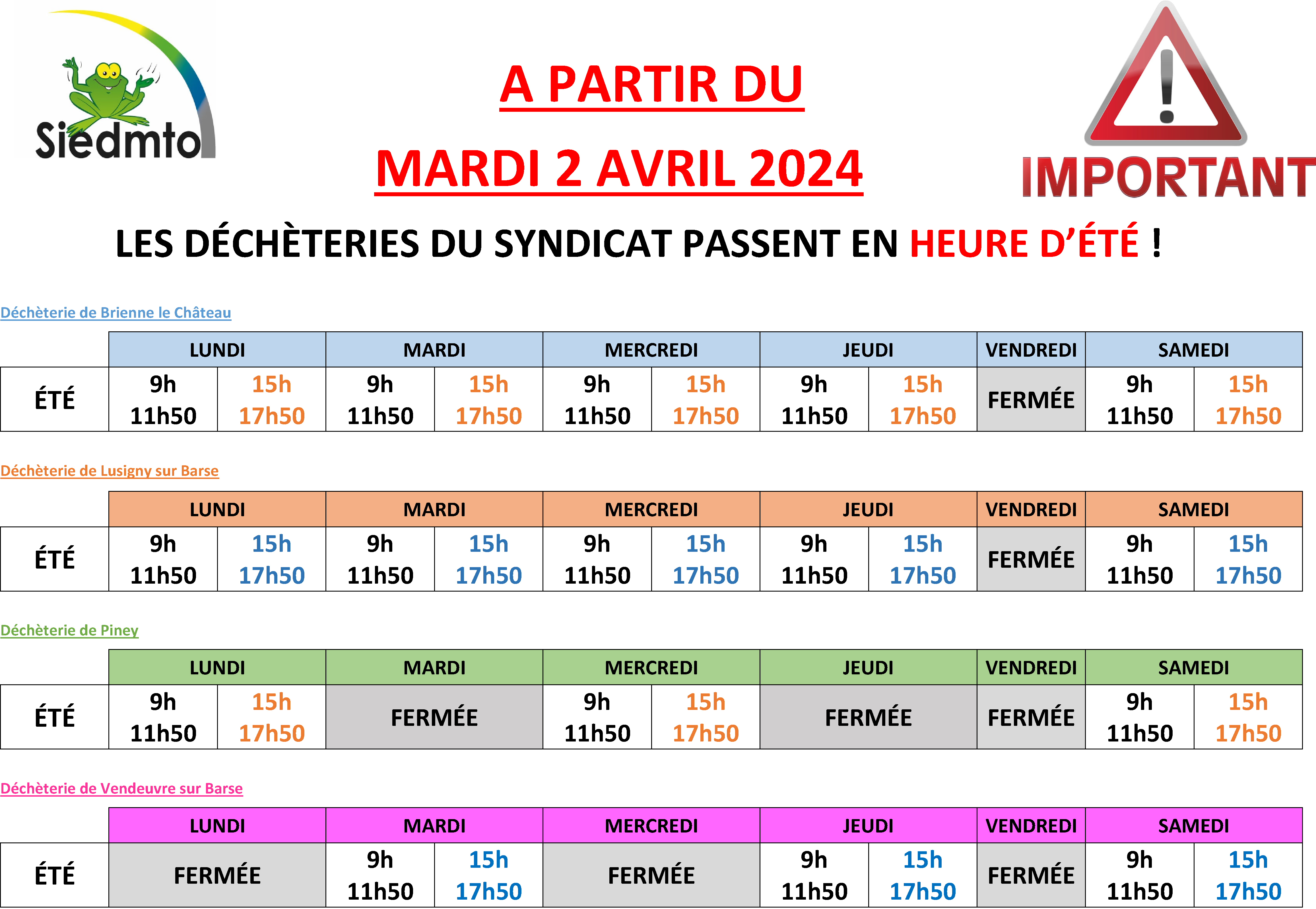 Heures d'été déchèteries