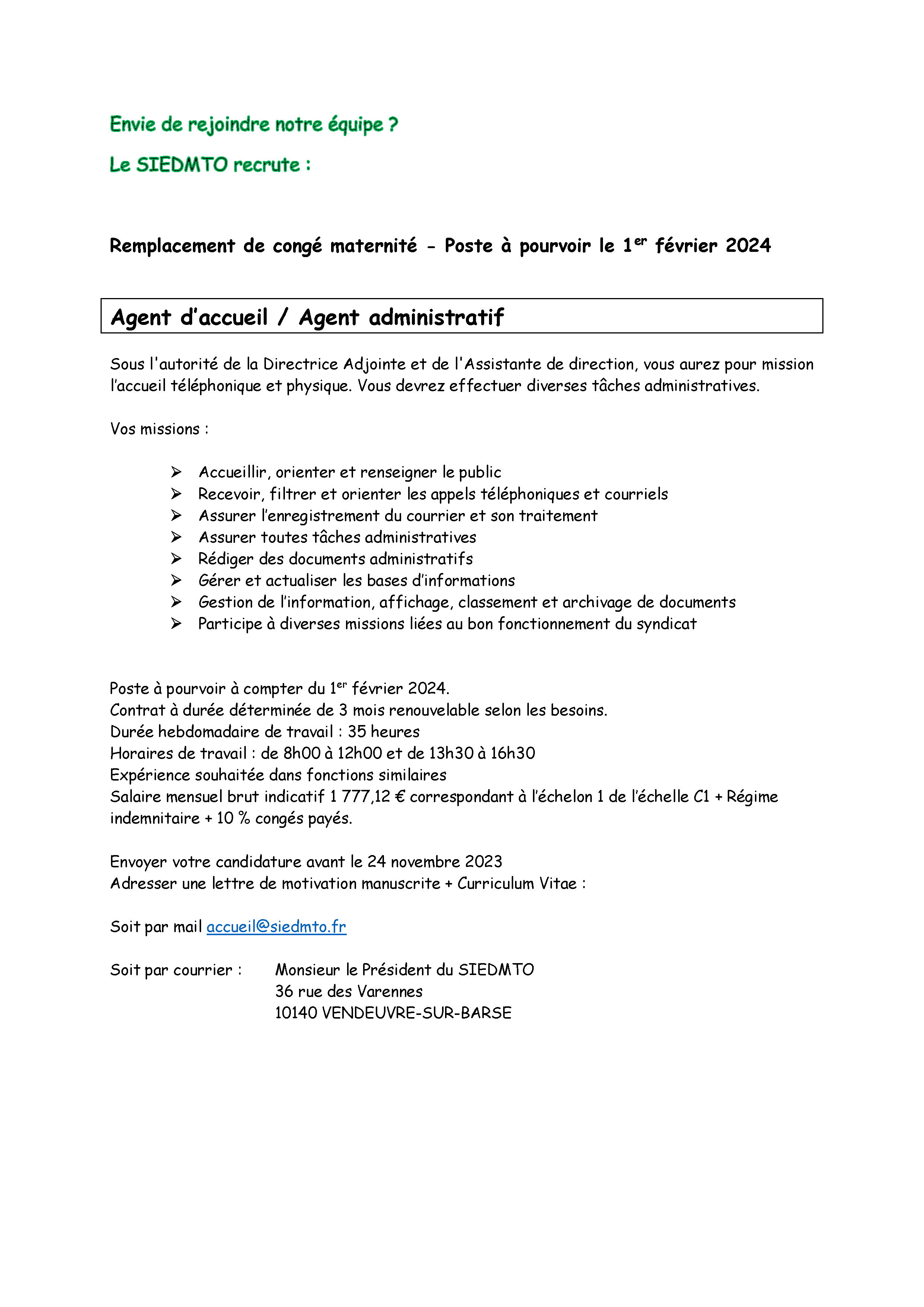 Offre agent d'accueil - remplacement
