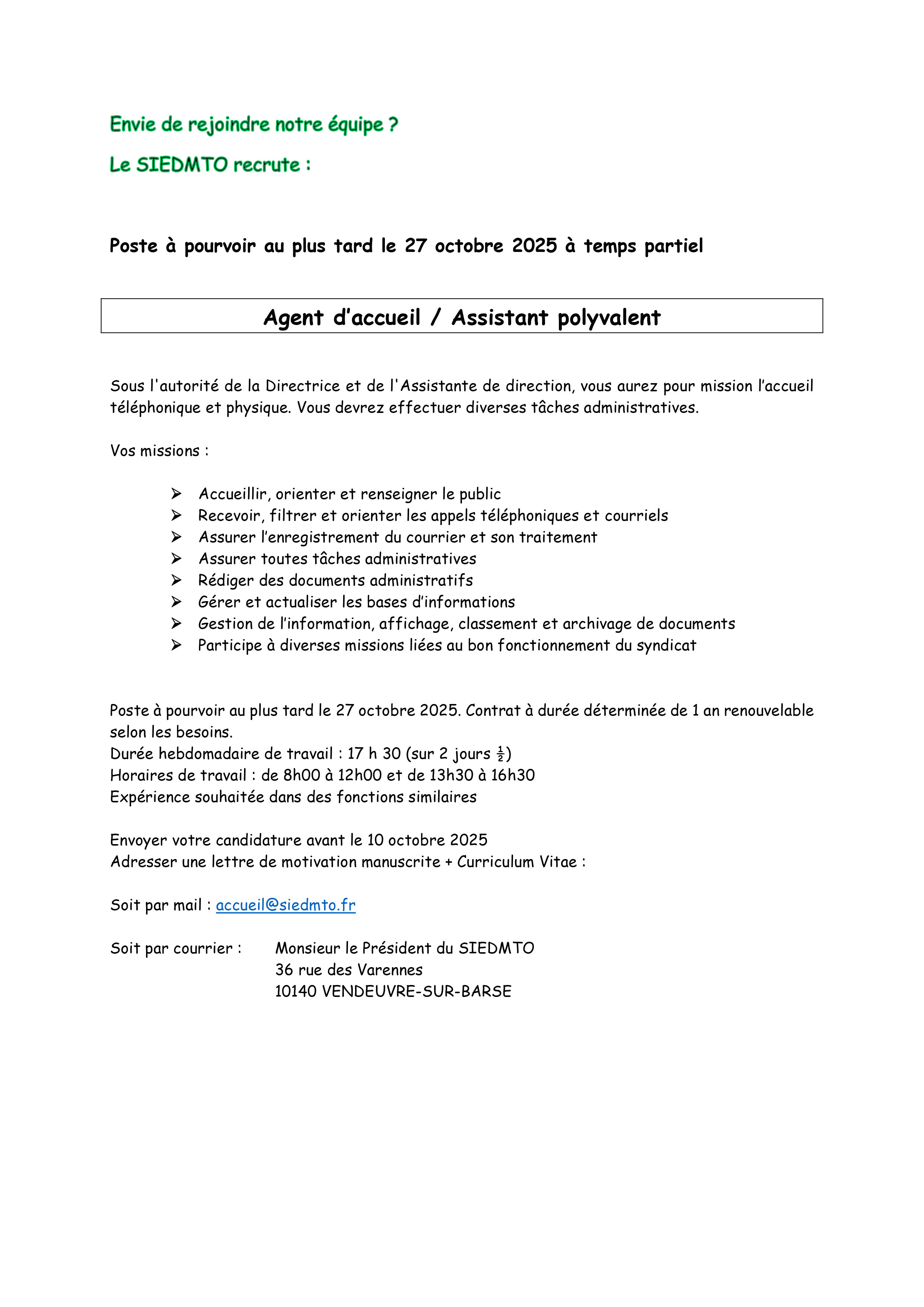 Offre d'emploi Agent d'accueil