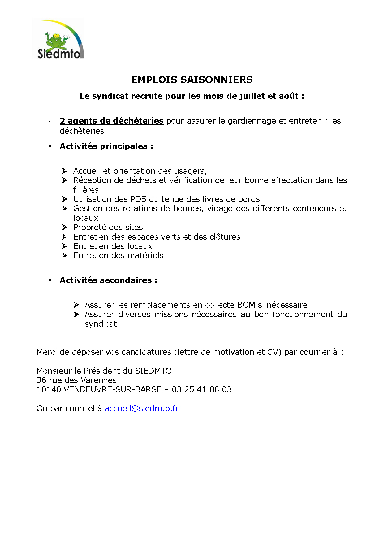 offre d'emploi agent de déchèterie