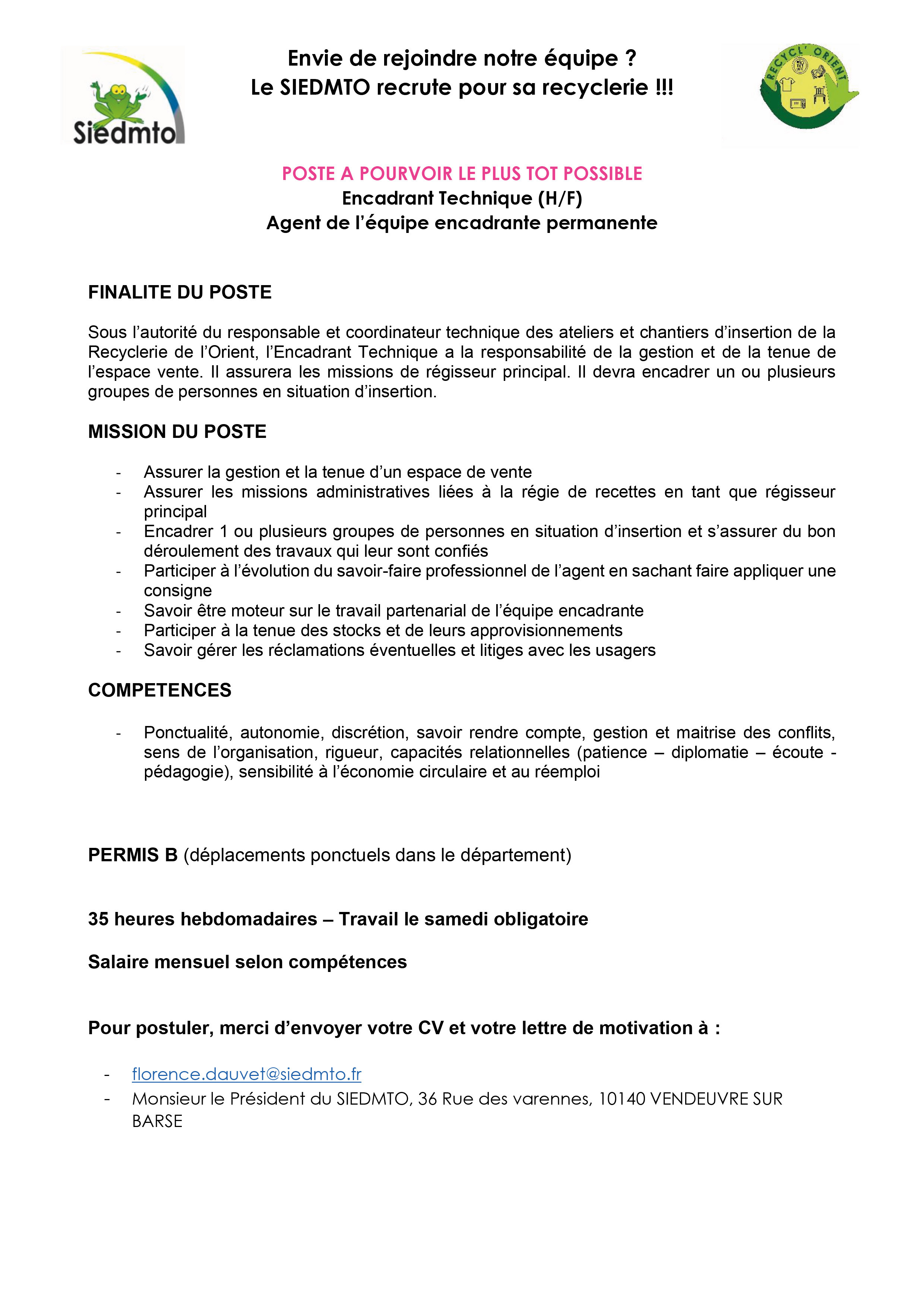 offre d'emploi Agent équipe encadrante permanente